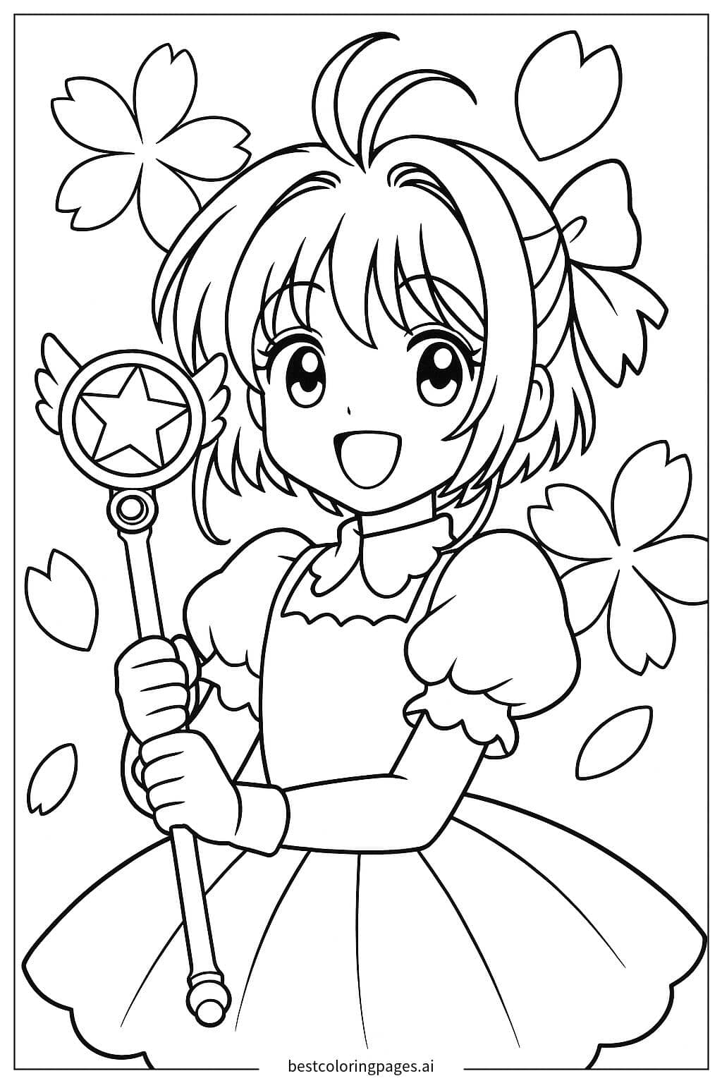 Gambar Mewarnai Sakura Tersenyum dengan Bunga Sakura