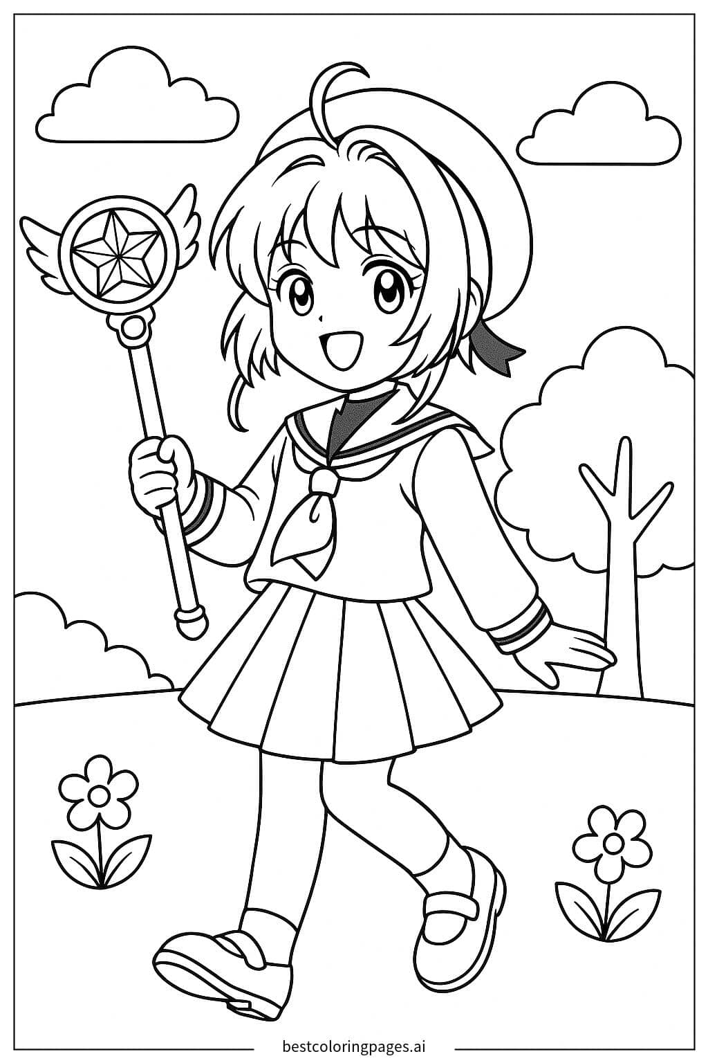 Gambar Mewarnai Sakura Mengenakan Seragam Sekolah