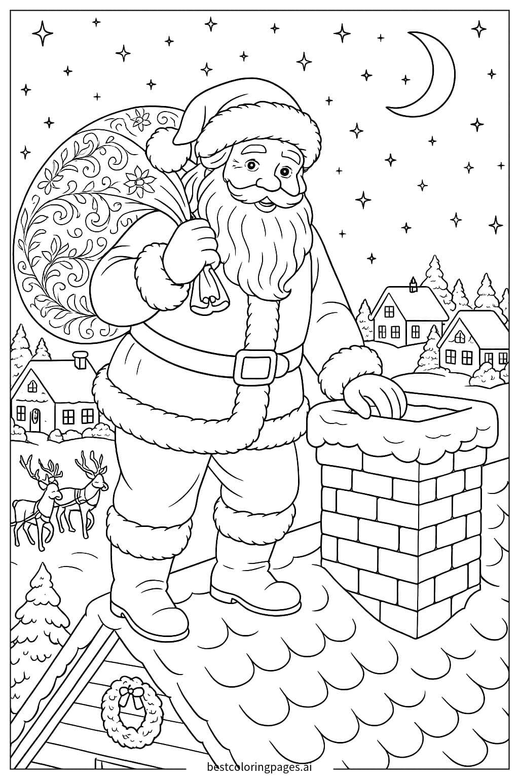 Santa Claus Delivering Christmas Gifts at Night Coloring Page
