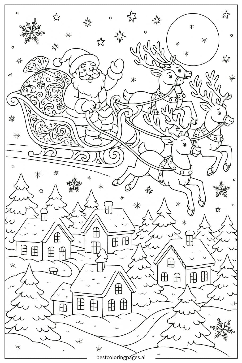 Der Weihnachtsmann fliegt mit Rentieren Ausmalbilder