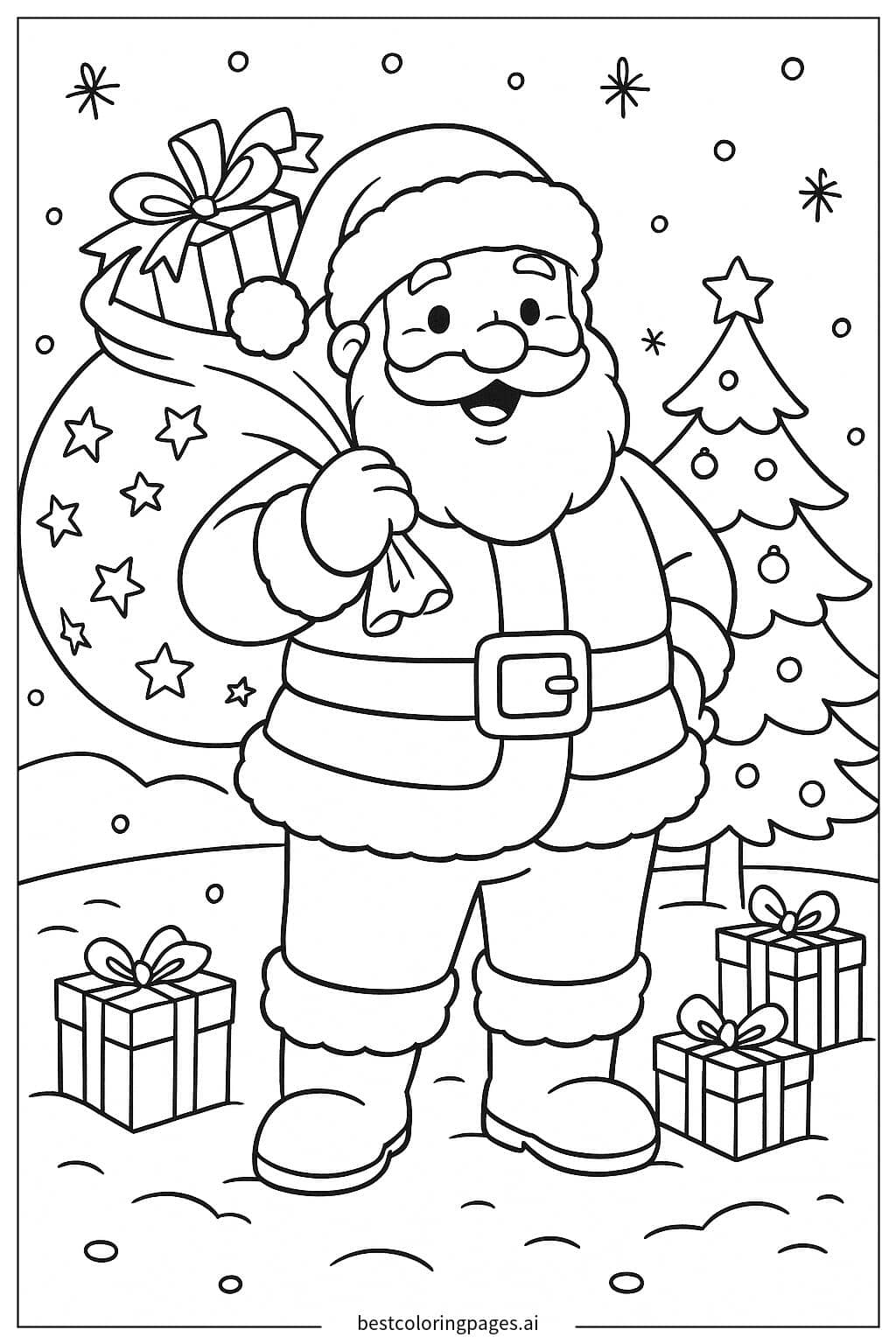 Desenhos de Papai Noel com saco de presentes para Colorir