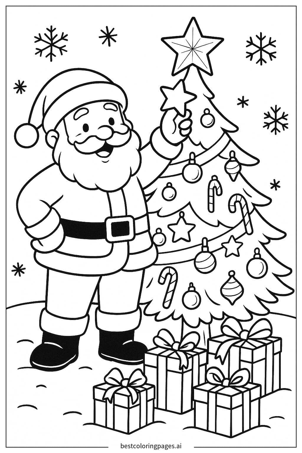 Desenhos de Papai Noel decorando a árvore de Natal para Colorir