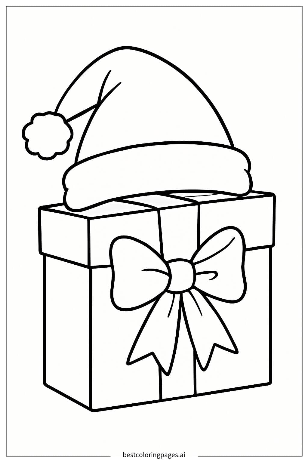 Desenhos de Chapéu de Papai Noel em uma Caixa de Presente para Colorir