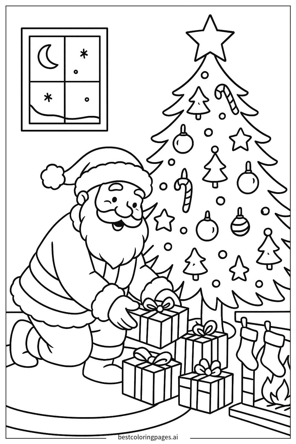 Desenhos de Papai Noel Colocando Presentes Sob a Árvore para Colorir