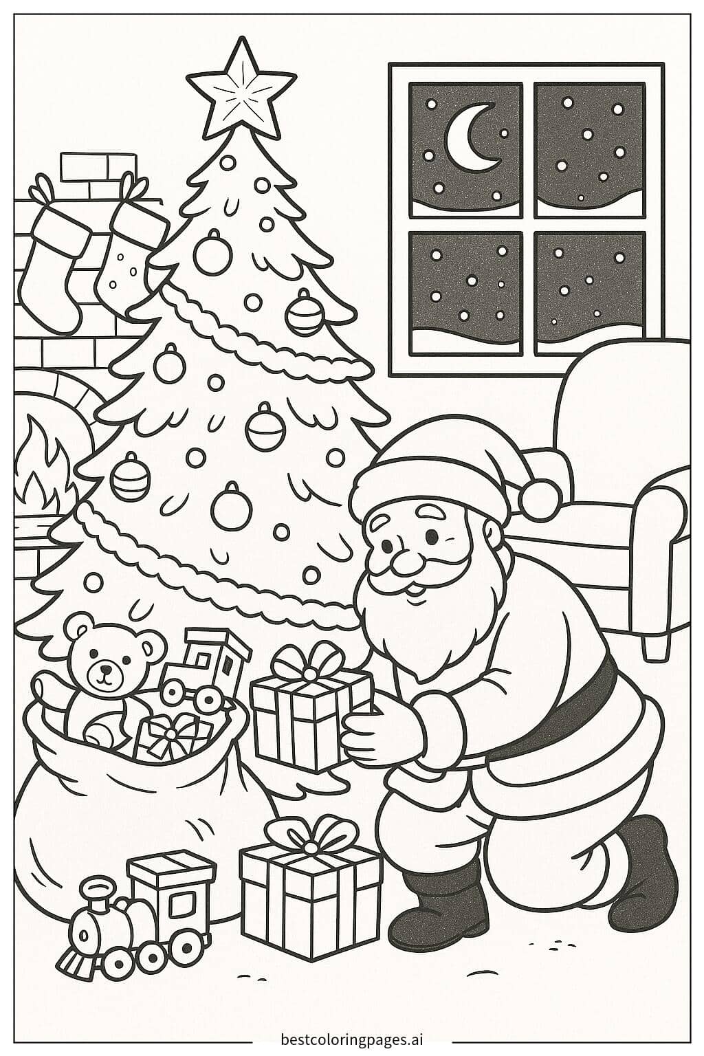 Santa Placing Gifts Under the Christmas Tree Coloring Page