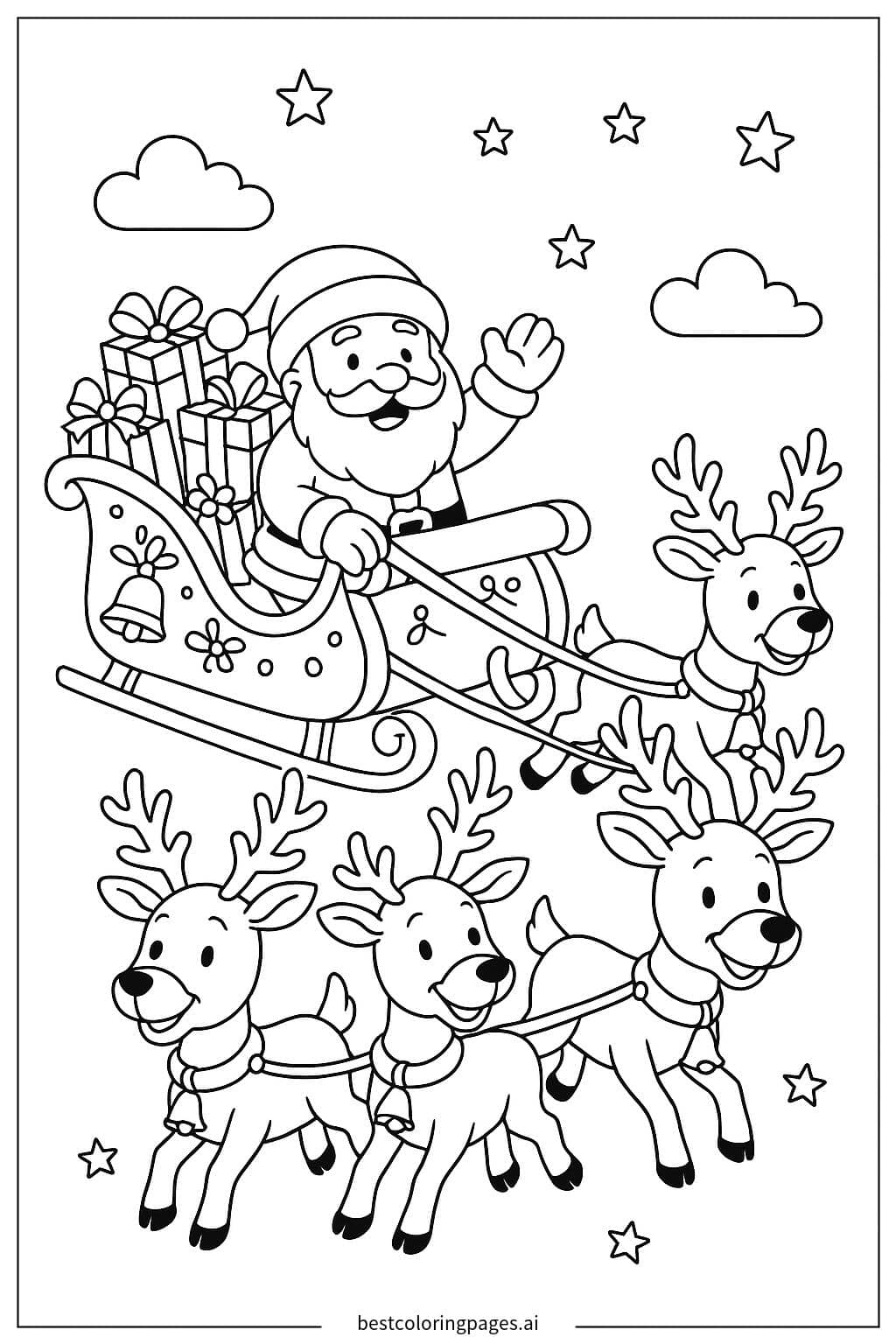Desenhos de Papai Noel em seu trenó com renas para Colorir