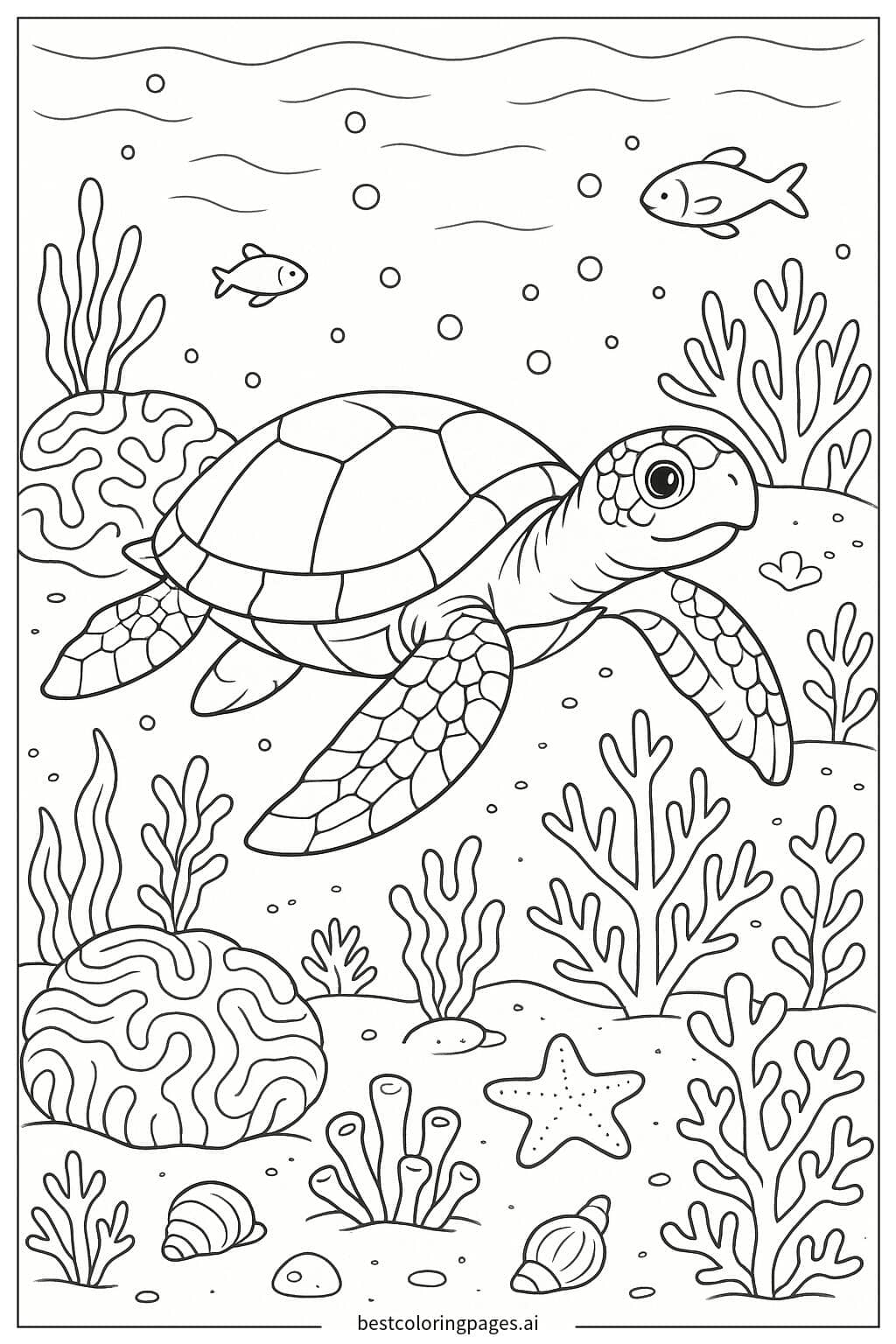 Sea Turtle in a Vibrant Coral Reef Coloring Page