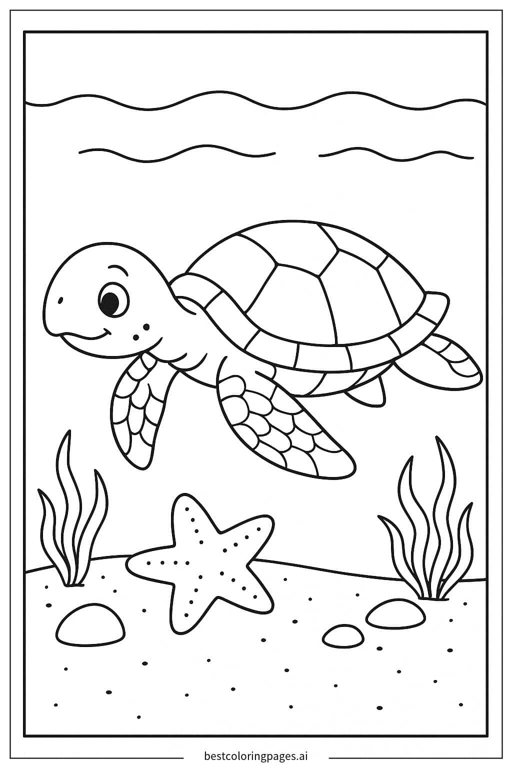 Sea Turtle Meeting a Starfish Coloring Page