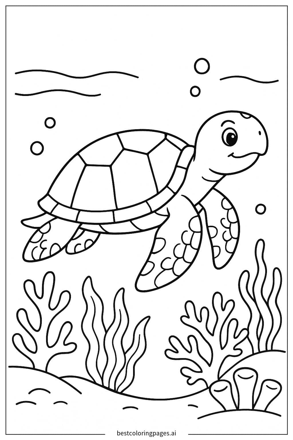 Sea Turtle Swimming by Coral Reef Coloring Page