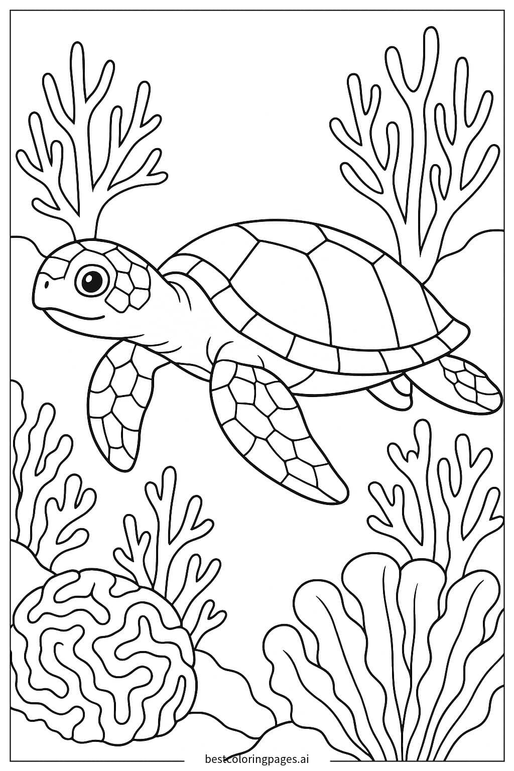 Sea Turtle Swimming Among Coral Reefs Coloring Page