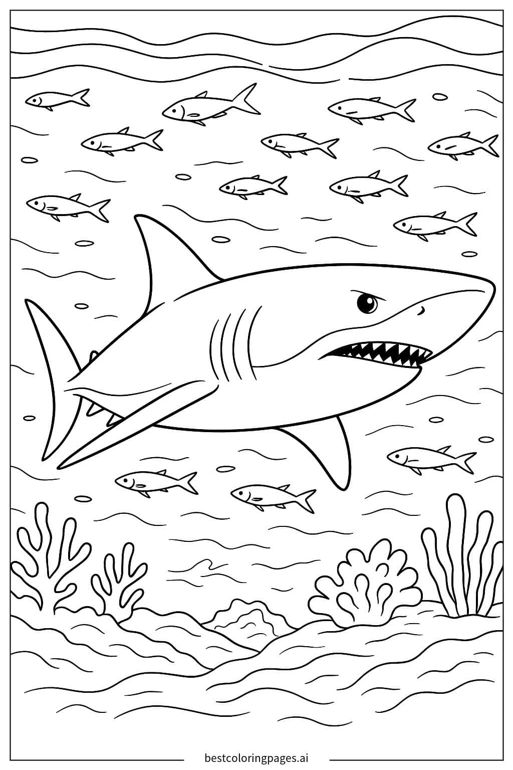 サメが魚の群れを追いかける のぬりえ