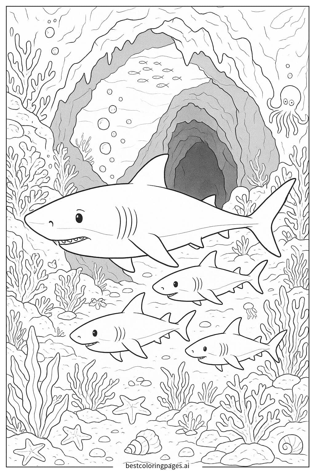 サメの家族が深海の洞窟を探検 のぬりえ