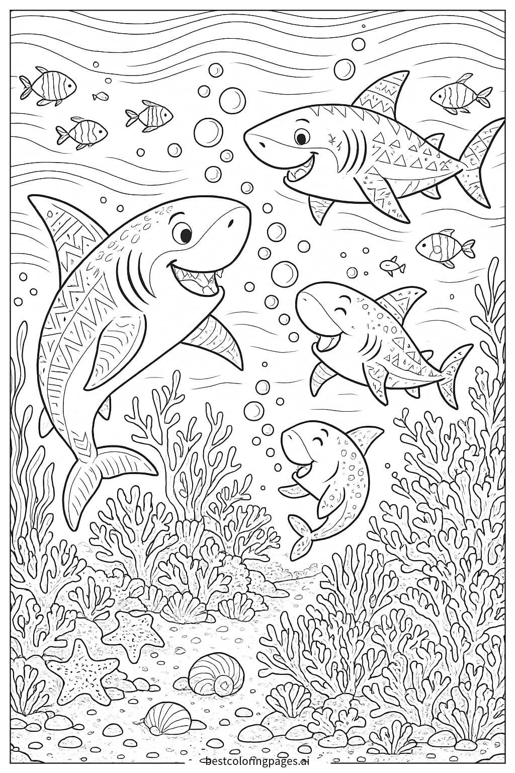 Shark Family Playing Under the Sea Coloring Page