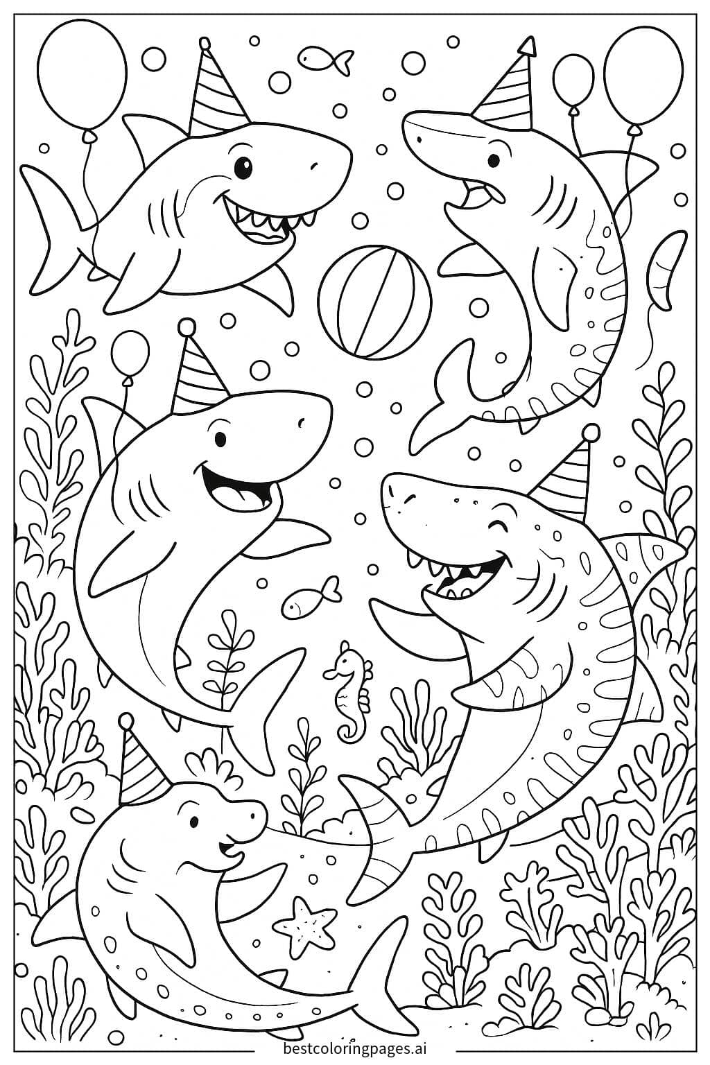 サメたちの水中パーティー のぬりえ