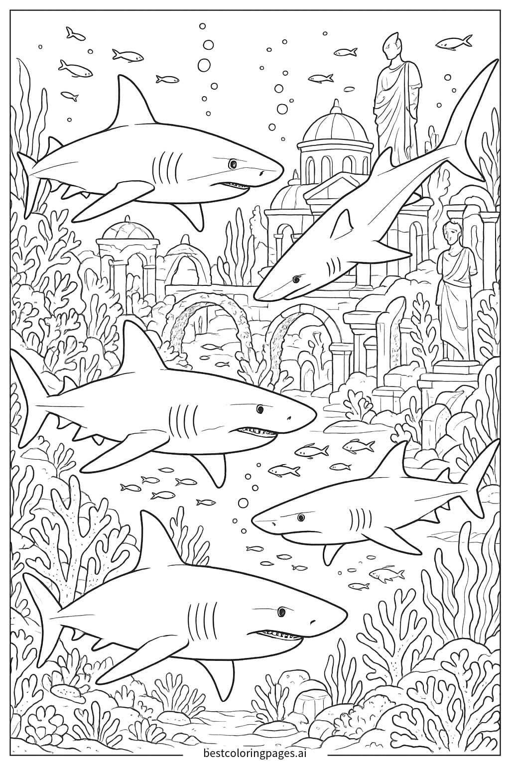 Sharks in an Enchanted Underwater City Coloring Page