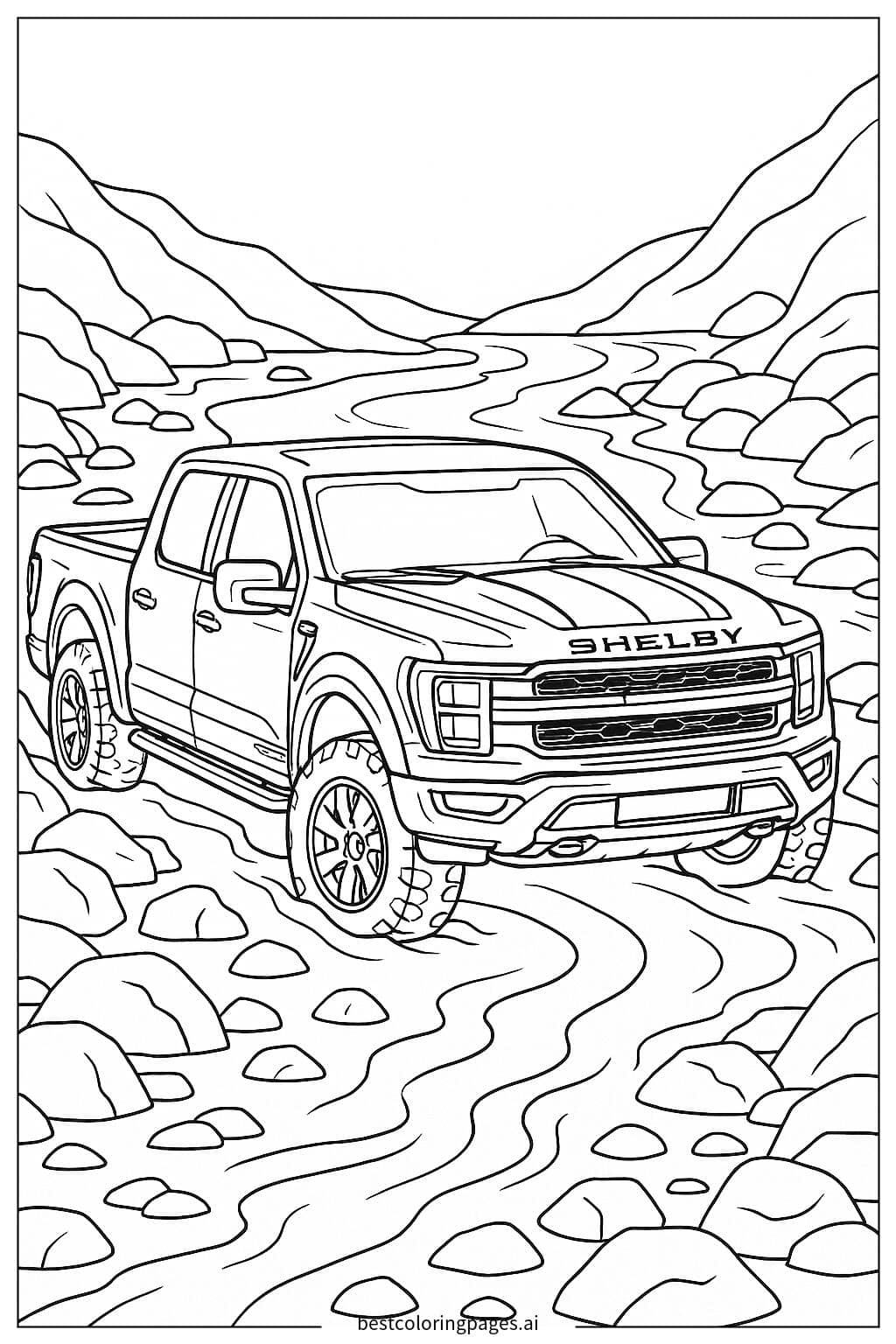 Shelby Truck Navigates River Crossing Coloring Page