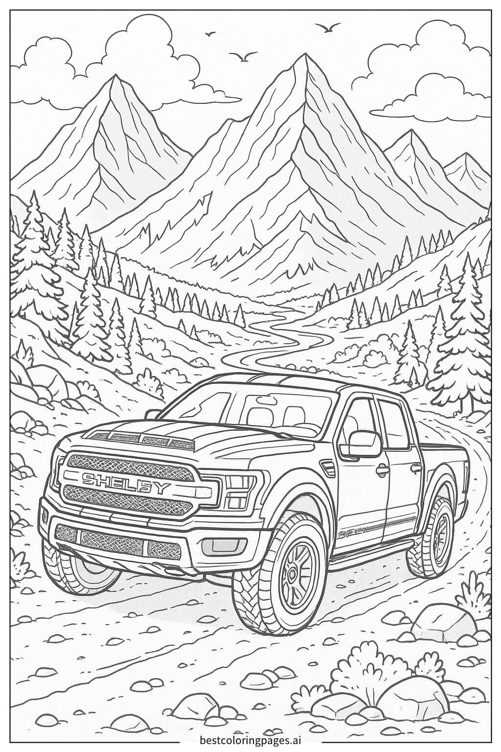 Shelby Truck in a Mountain Adventure Coloring Page