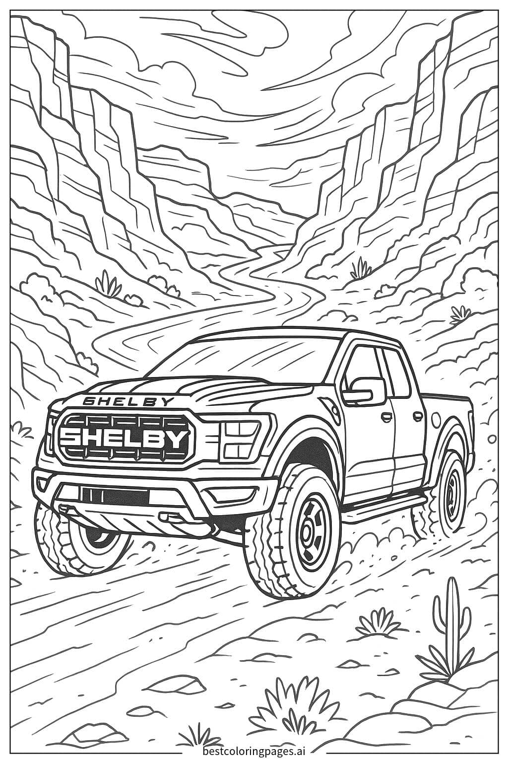 Shelby Truck Racing Through a Canyon Coloring Page