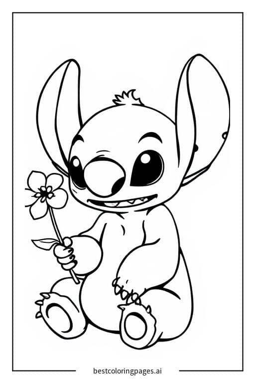 Desenhos de Stitch Sentado com uma Flor para Colorir