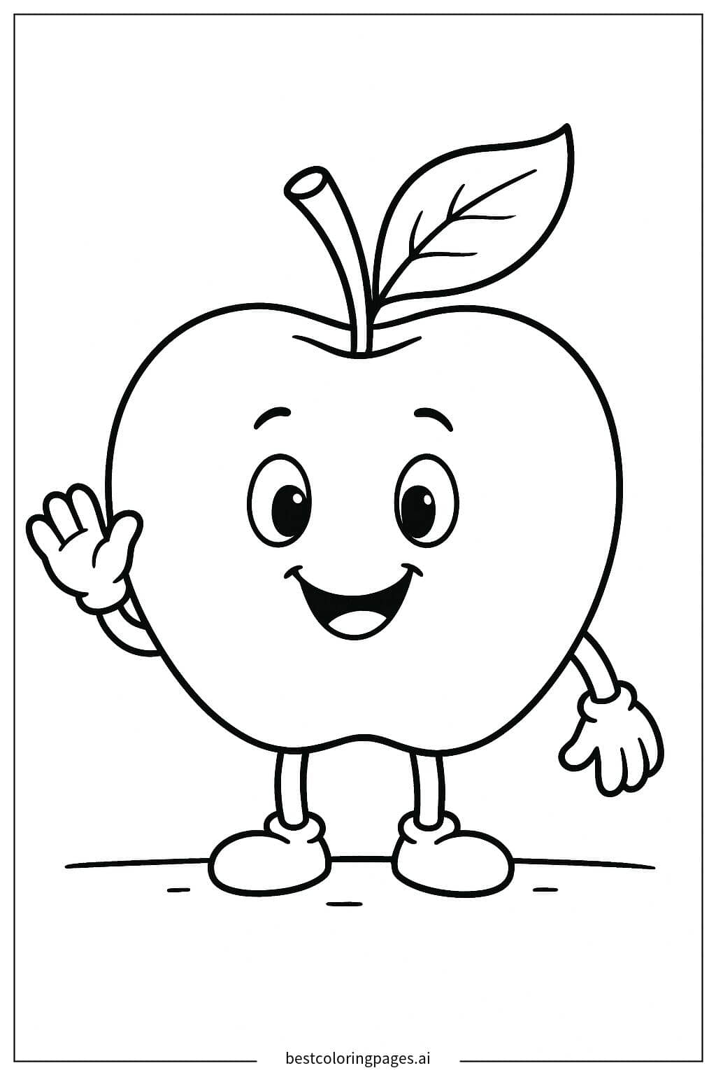 Smiling Apple Waving Hello Coloring Page