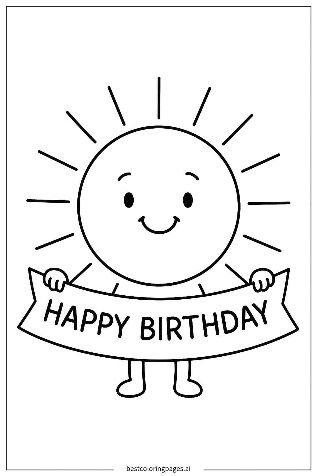 Smiling Sun Holding a Birthday Banner Coloring Page