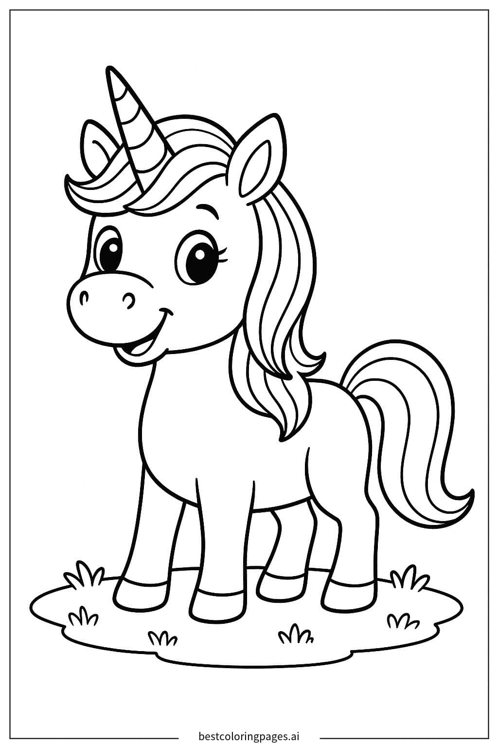 Smiling Unicorn Standing on Grass Coloring Page