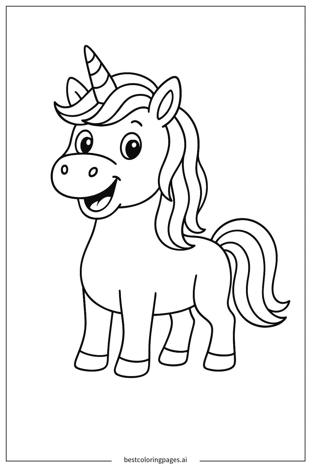 Smiling Unicorn with Rainbow Mane Coloring Page