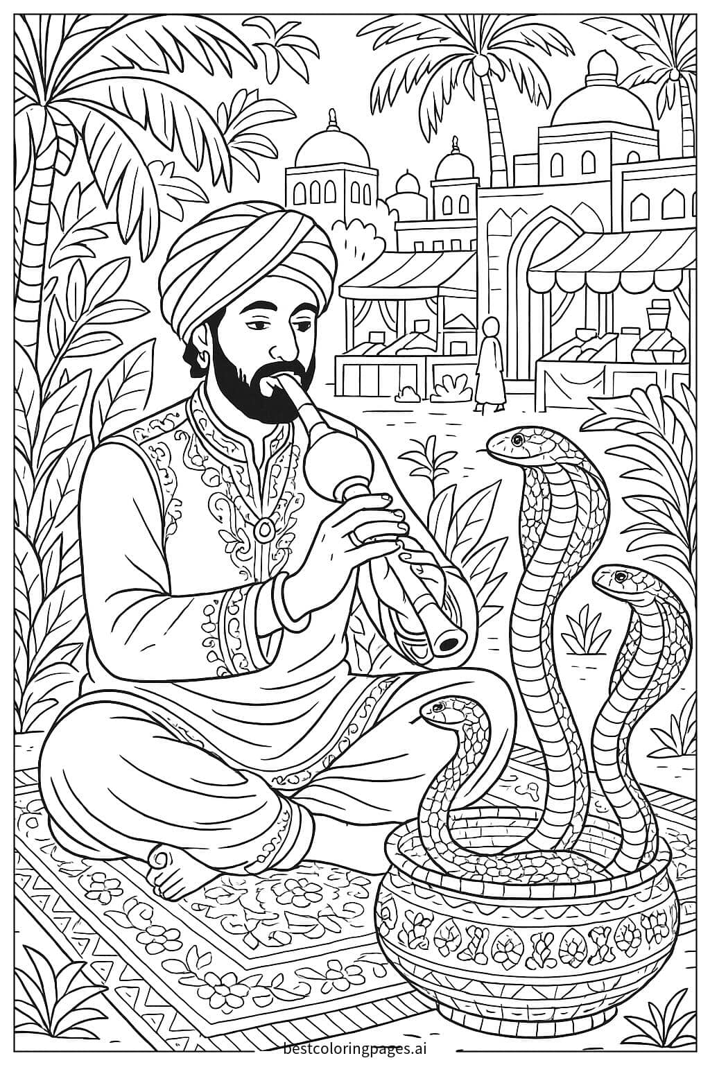Snake Charmer and Mesmerizing Cobras Coloring Page