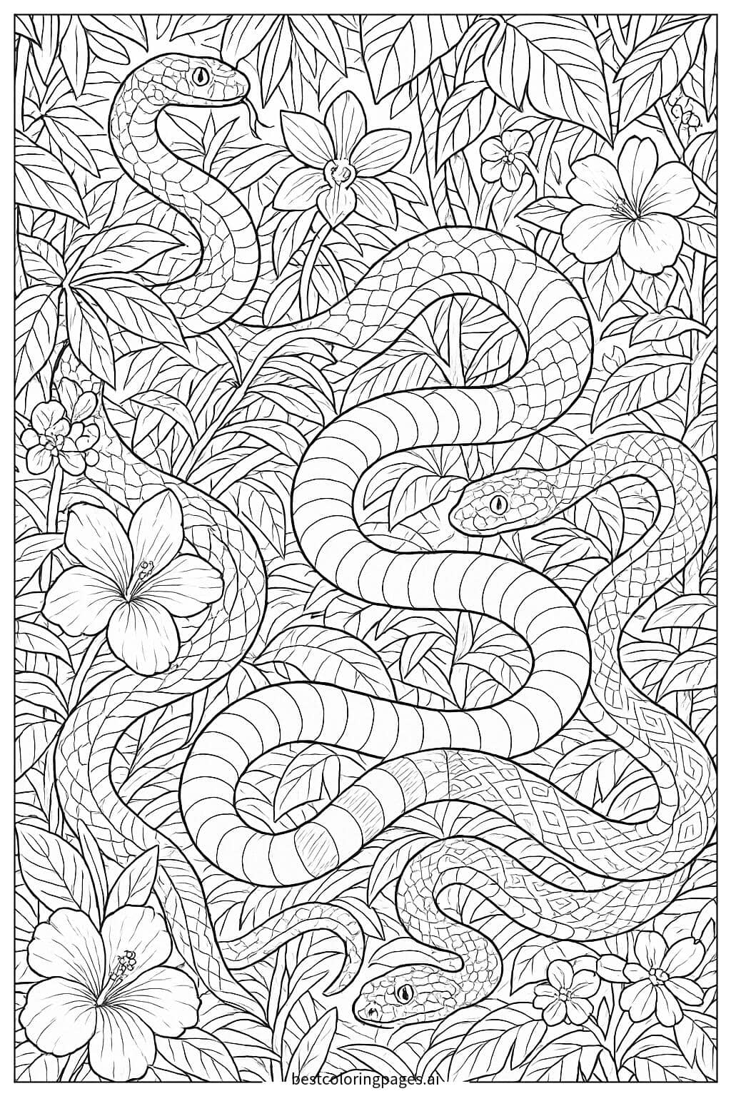 Snakes in a Jungle with Exotic Flowers Coloring Page