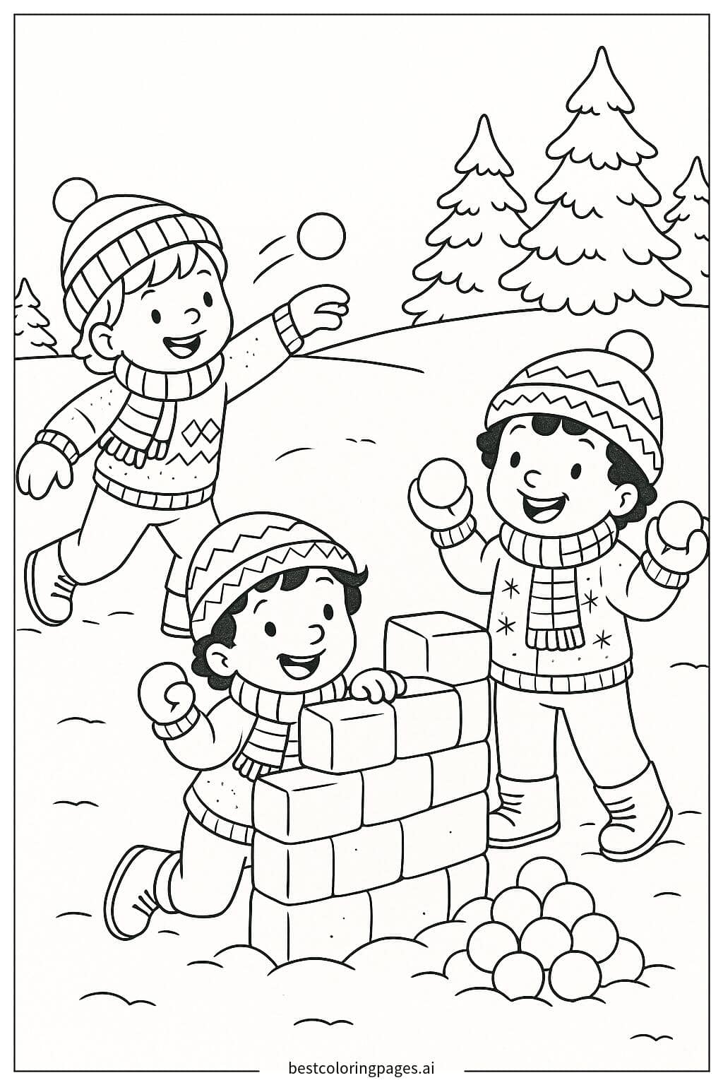 Desenhos de Batalha de Bolas de Neve com Amigos para Colorir