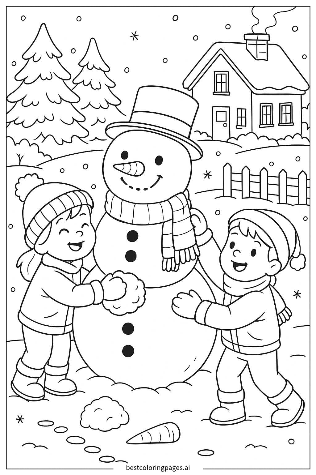 Desenhos de Construindo um Boneco de Neve no Quintal Nevado para Colorir