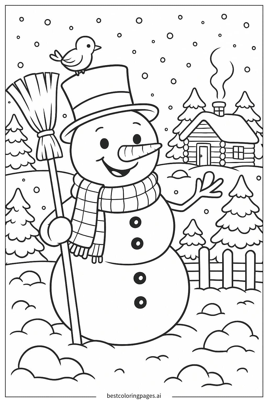 Desenhos de Boneco de Neve em um Quintal Nevado para Colorir