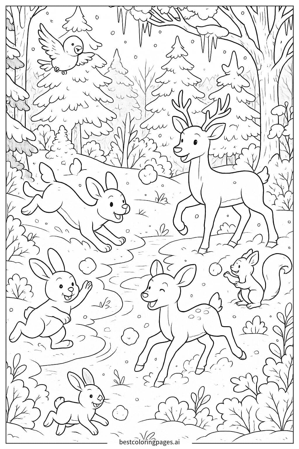 Snowy Forest Adventure with Playful Animals Coloring Page
