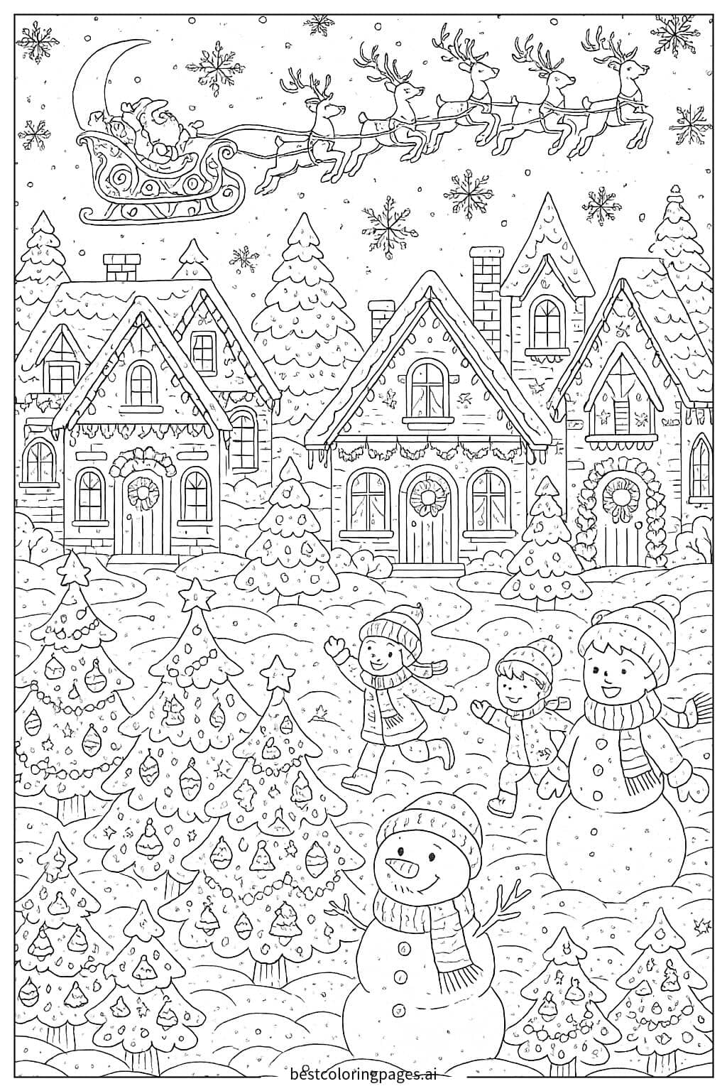 Desenhos de Vila nevada com luzes de Natal para Colorir