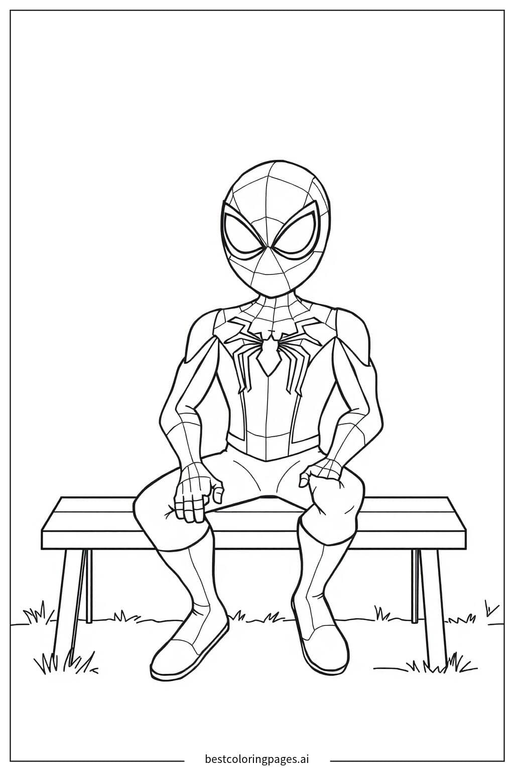 Coloriage Spiderman assis sur un banc