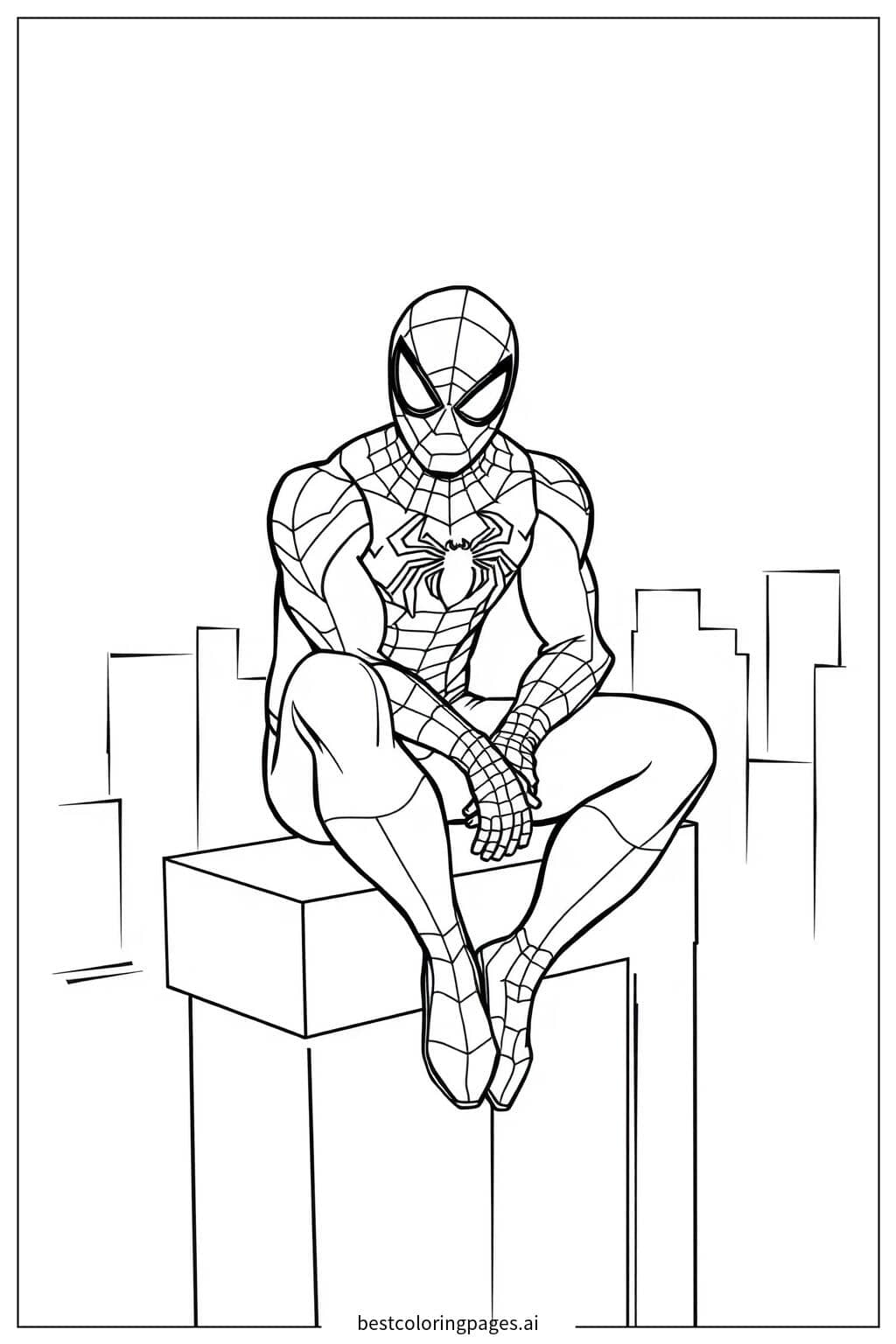 Coloriage Spiderman assis sur le rebord d'un immeuble