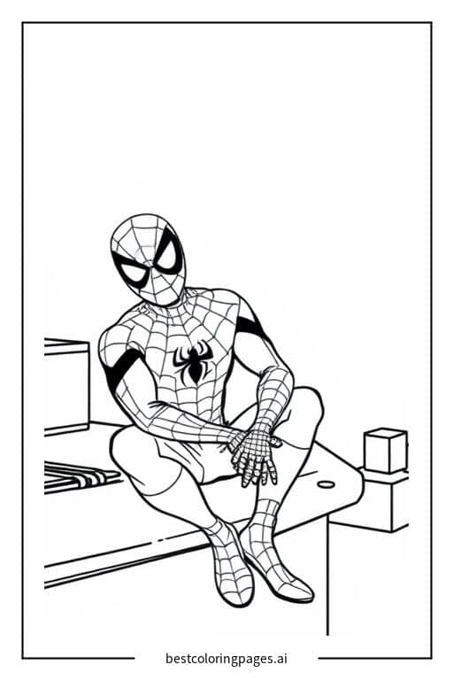 Coloriage Spiderman assis sur un toit
