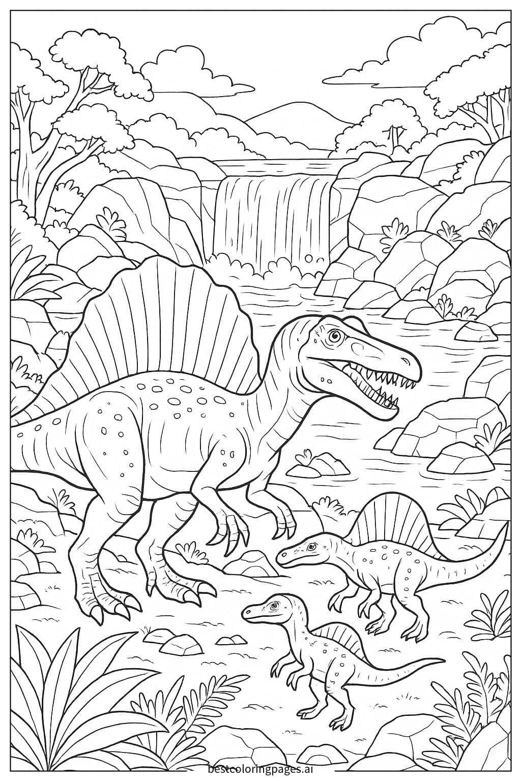 Disegni di Famiglia di Spinosauri vicino alla Cascata da Colorare