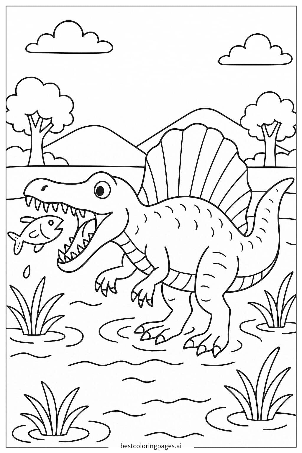 Disegni di Spinosaurus che caccia pesci in un fiume da Colorare