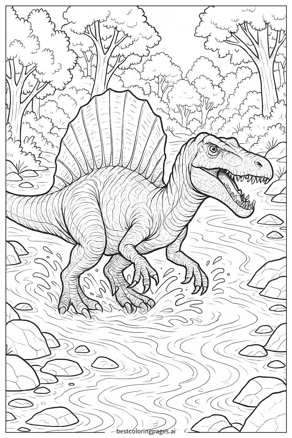 Disegni di Attraversamento del Fiume dello Spinosaurus da Colorare