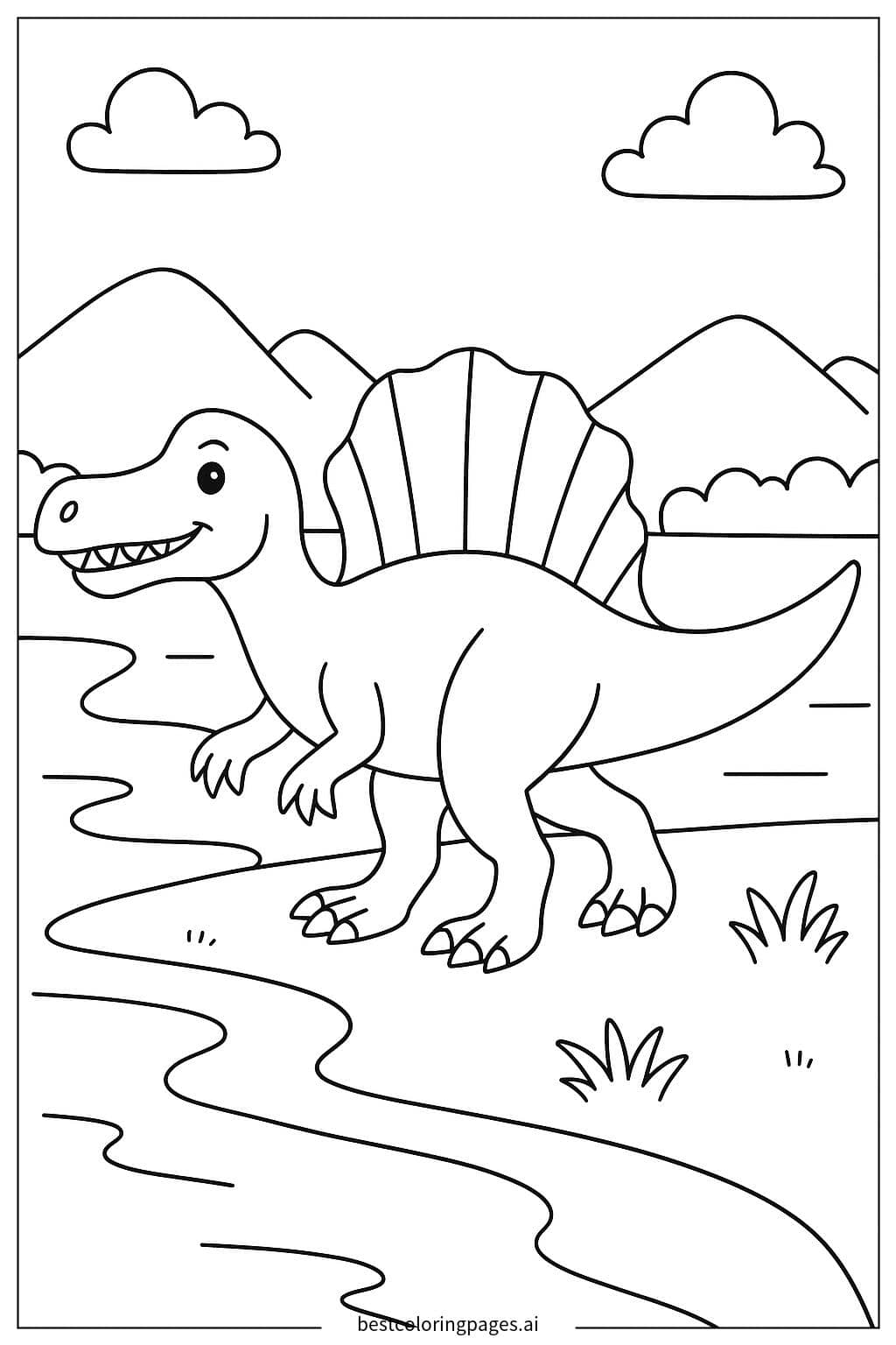 Disegni di Spinosaurus che cammina vicino a un fiume da Colorare
