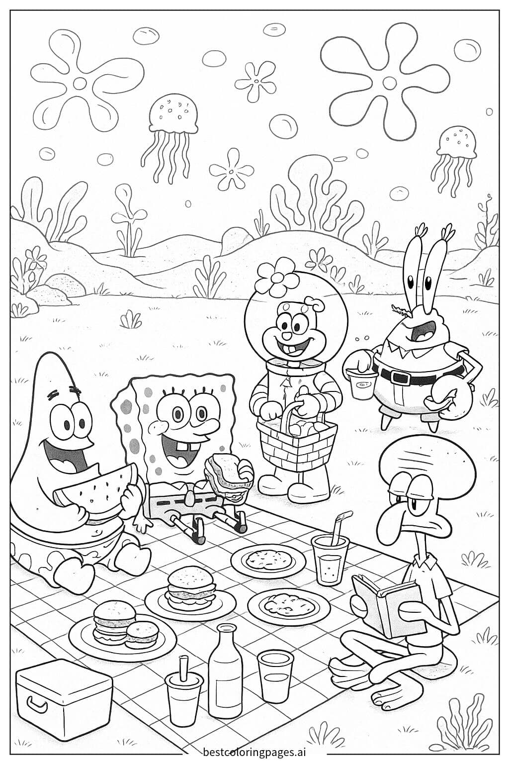 SpongeBob and Friends Enjoying a Picnic Coloring Page