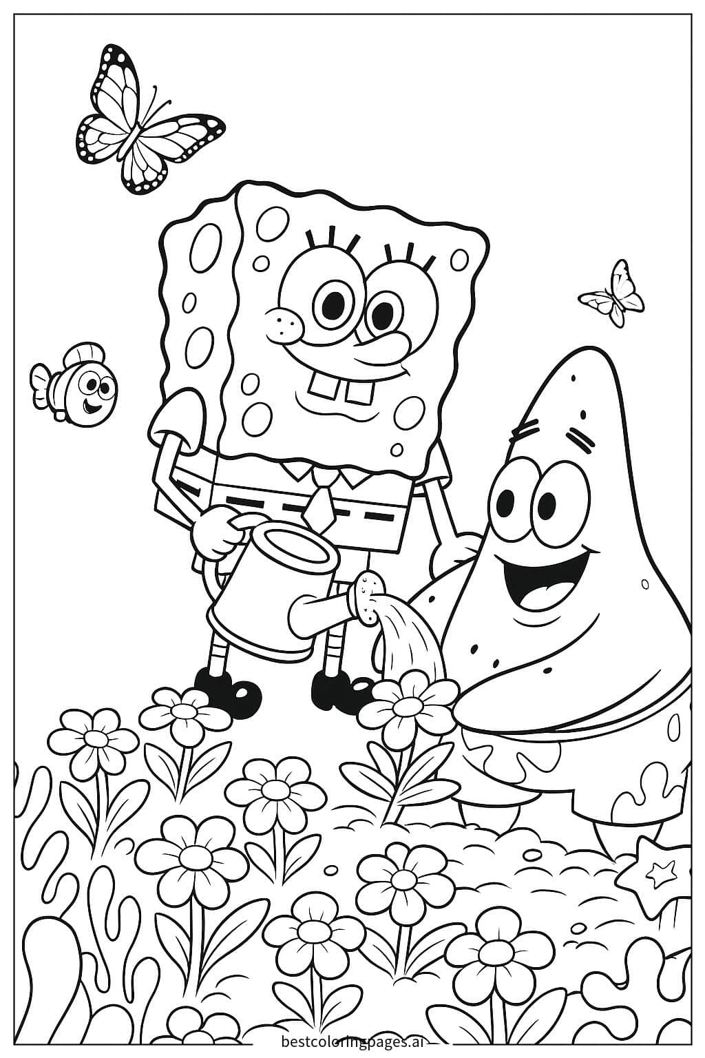 Dibujos de Bob Esponja y Patricio en el Jardín para Colorear