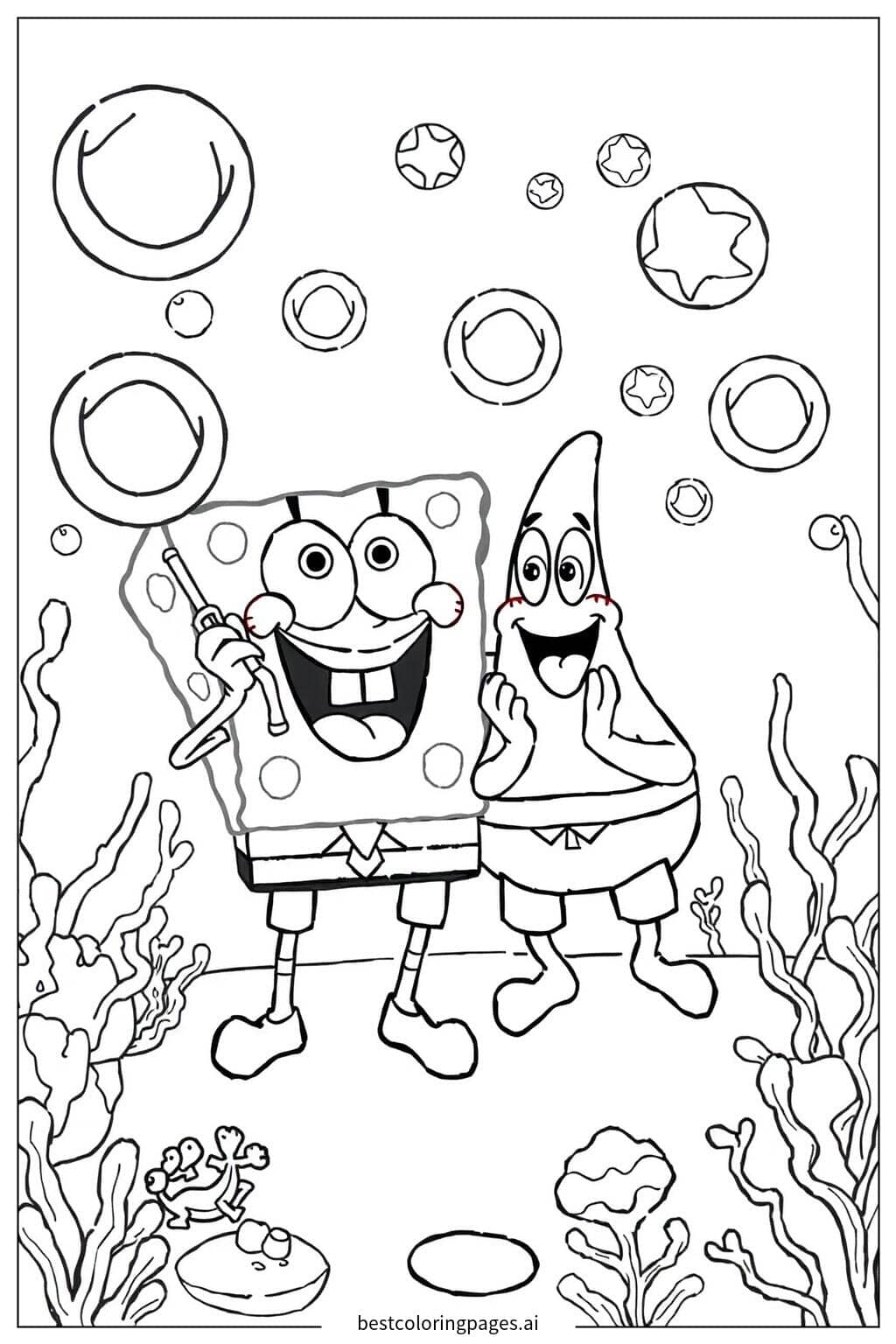 SpongeBob and Patrick Blowing Bubbles Coloring Page