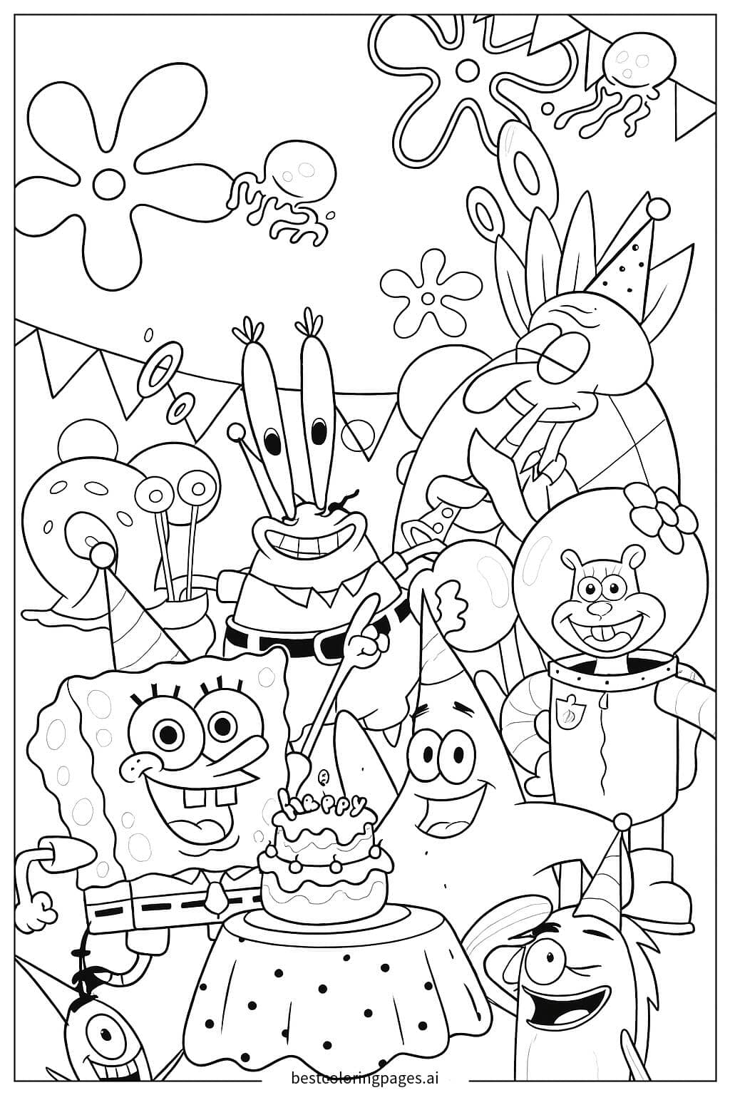 Dibujos de Bob Esponja en Fondo de Bikini para Colorear