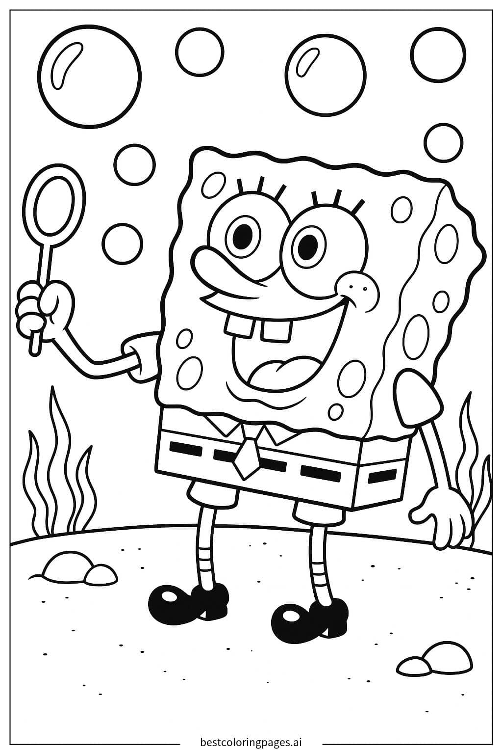 SpongeBob Blowing Bubbles Underwater Coloring Page