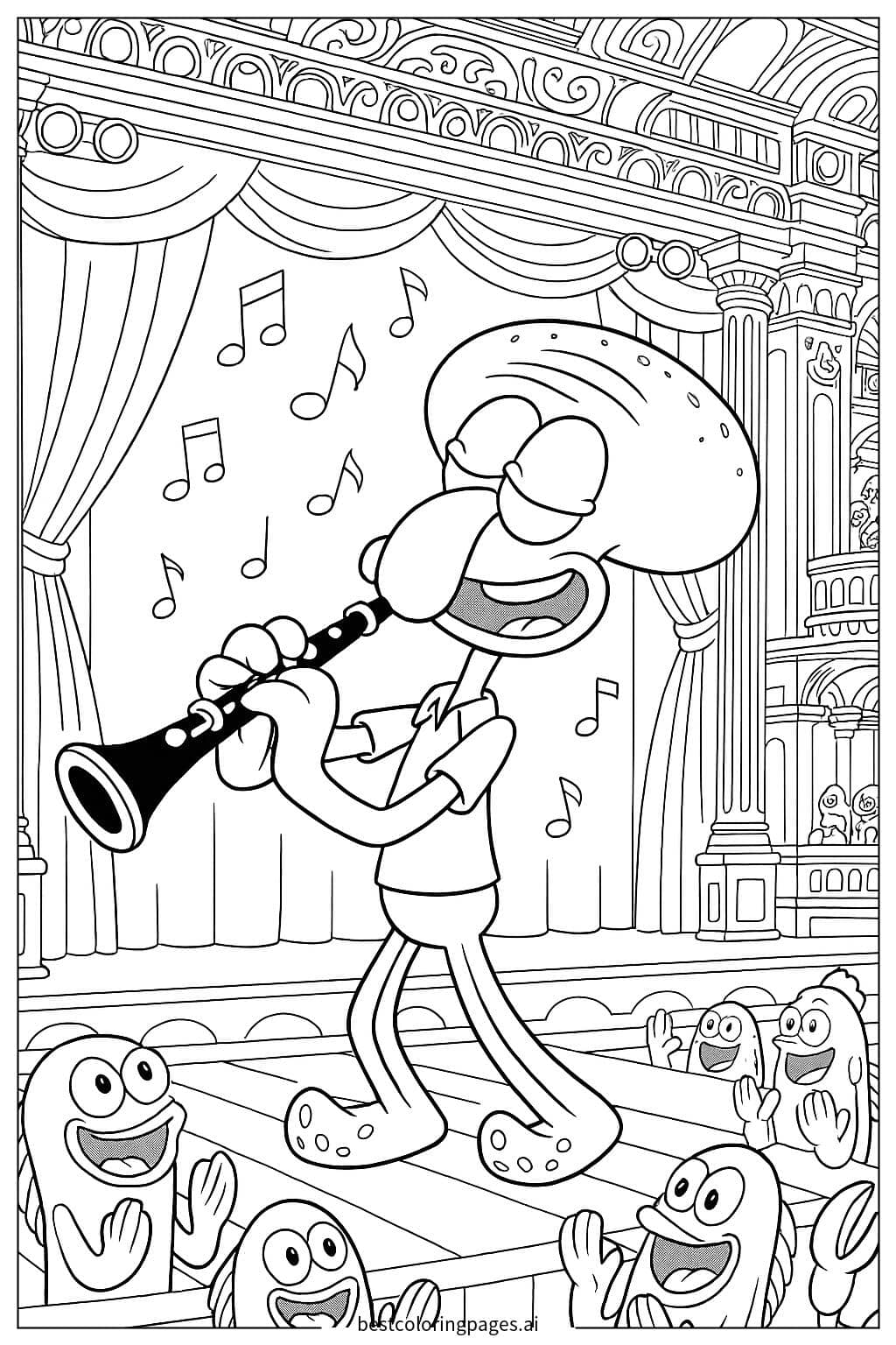 Squidward Performing in a Concert Coloring Page