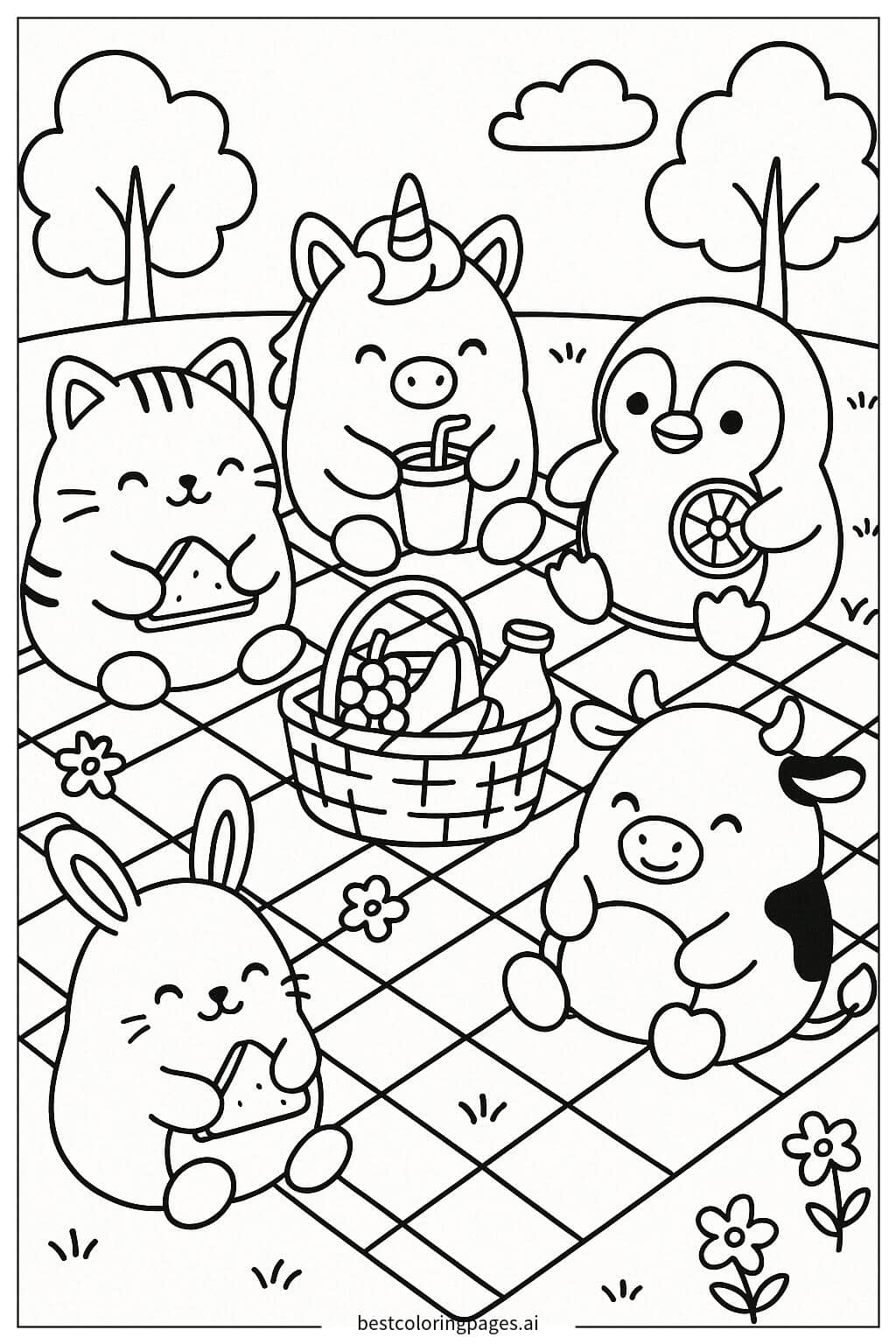 Squishmallows Picnic Scene Coloring Page