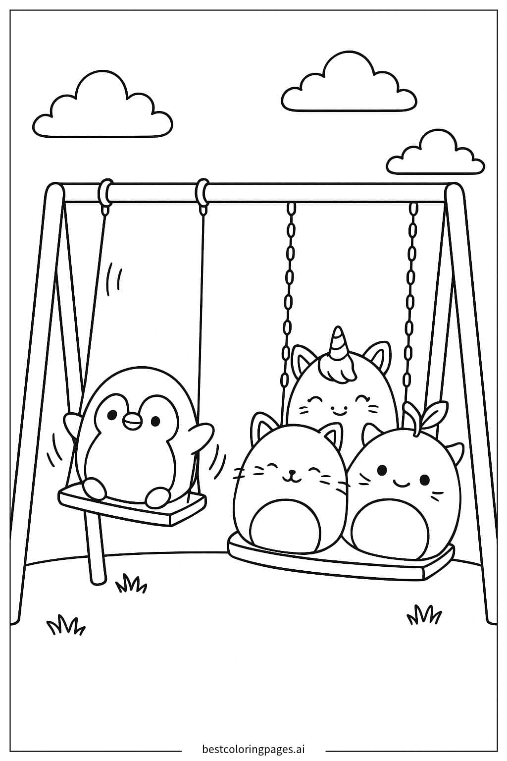 Dibujos de Squishmallows jugando en un columpio para Colorear