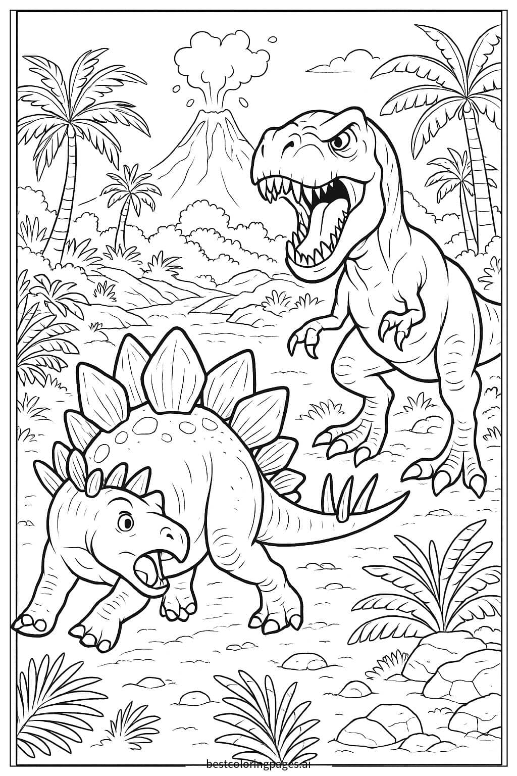 Desenhos de Estegossauro escapando de um T-Rex para Colorir